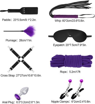 Набір для БДСМ зв'язування (12 предметів) - Fesselset Erotik SM. Зв'язки, наручники, кільця на щиколотки, анальний плаг, фіксатори для сосків, кульовий приглушник, перо-потівник, маска для очей, батіг, лопатка, бавовняний шнур (фіолетовий & чорний)