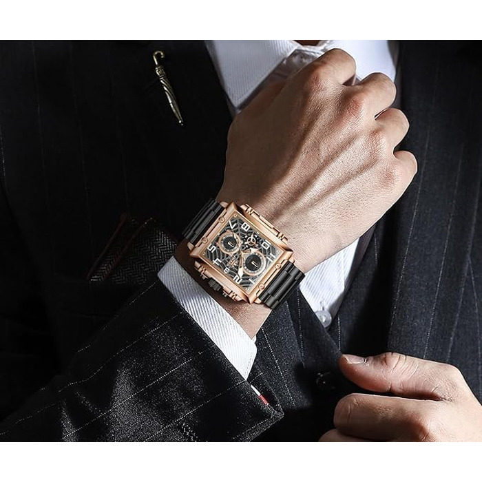 Чоловічий наручний годинник OLEVS Chronograph — класичний кварцовий годинник зі шкіряним ремінцем, водонепроникний, з календарем (Чорний/Розове золото, 2958)