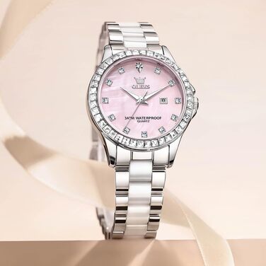Жіночий годинник OLEVS Elegant Luxury — Рожеве золото, з діамантами та керамічним склом (модель 3651, синій циферблат)