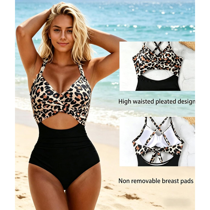Купальник жіночий спортивний Plus Size, Push-up, з леопардовим принтом, чорний, розмір XL
