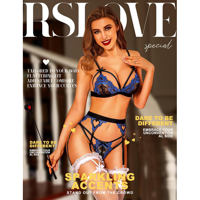 RSLOVE Комплект спідньої білизни для жінок з стрінг-тримачем - 3-частинний мереживний тілсі/боді XL Чорний/Синій