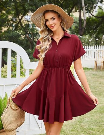 Сукня Beluring Bluenkleid жіноча літня коротка з V-подібним вирізом, червона (S) з кишенями та ґудзиками