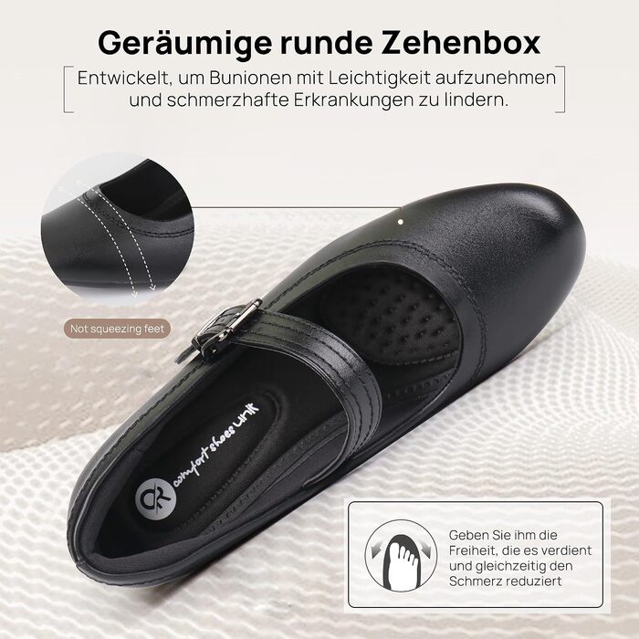 Жіночі ортопедичні туфлі Mary Janes Ortho + Rest для Hallux Valgus, чорні туфлі на низьких масивних підборах для комфорту та здоров'я стопи (38 EU)