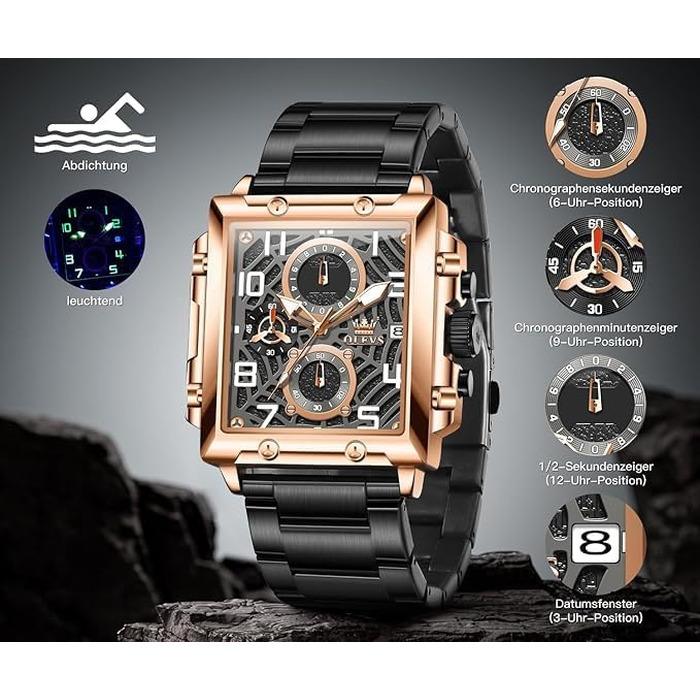 Чоловічий наручний годинник OLEVS Chronograph — класичний кварцовий годинник зі шкіряним ремінцем, водонепроникний, з календарем (Чорний/Розове золото, 2958)