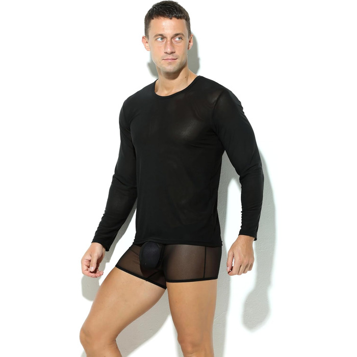 Чоловіча футболка з довгим рукавом, прозора, сітчаста, облягаюча, чорна (XXL)