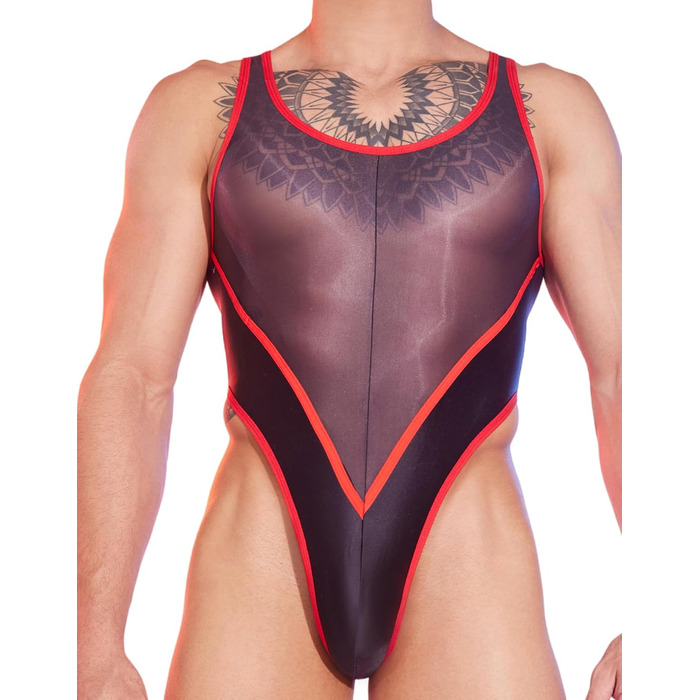 Боді для чоловіків AIEOE - сексуальний, прозорий боді, топ-майка, масло блиск, без рукавів, білизна, танга (червоний)