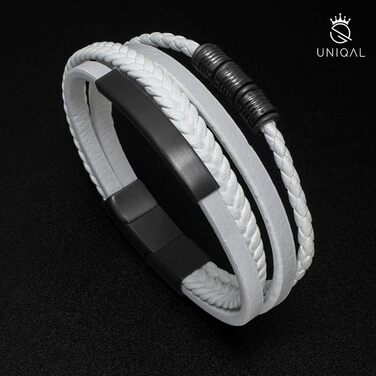 Чоловічий шкіряний браслет UNIQAL 'BLACK SHAPE' з нержавіючої сталі, натуральна шкіра, білий, 21 см (у подарунковій коробці)