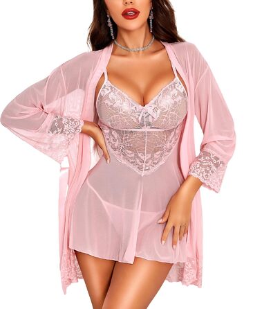 Комплект ніжної піжами RLOVE для дому та сну: кімоно, бюстгальтер та нічна сорочка (3 частини), чорний (XXL, Рожевий)