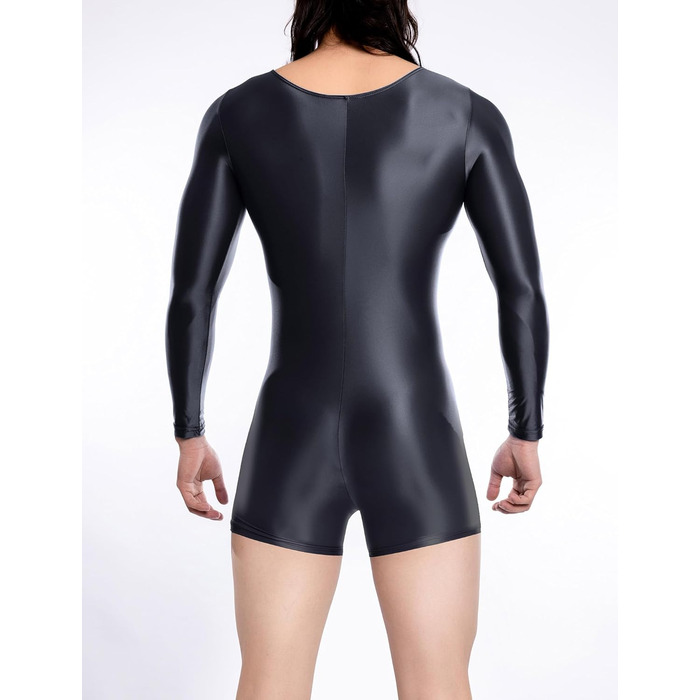 Чоловічий боді з прозорої тканини з довгими рукавами, бікіні-сліп, еластичний боді, глянцевий, шовковистий, комбінезон, чорний, XL