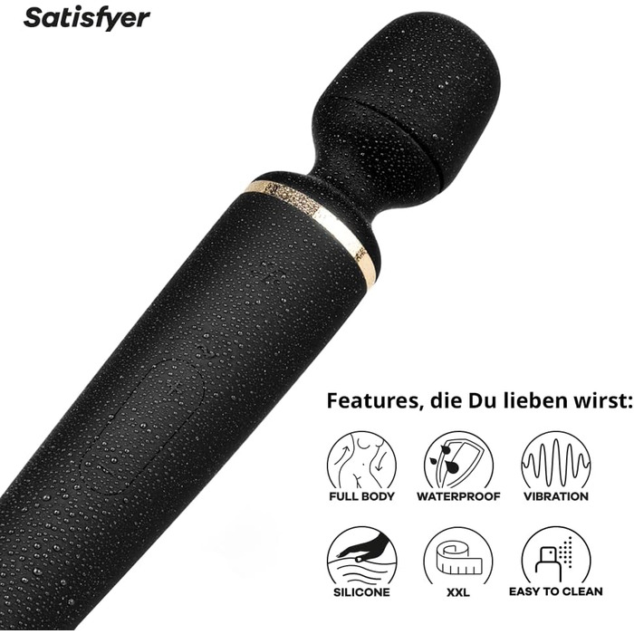 Satisfyer Wand-er Woman: Масажер для тіла з 50 вібраційними режимами | Секс-іграшка, тихий та потужний | Електронний масажер для жінок та чоловіків | Компактний вібратор для всього тіла | Чорний колір, 1 шт.