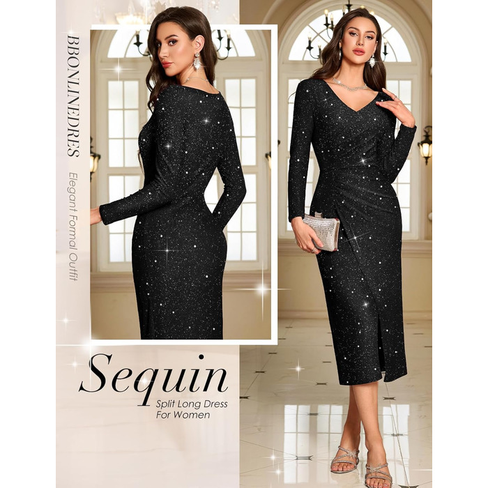 Сукня Bbonlinedress з паєтками: елегантна сукня-макси з довгим рукавом для святкових заходів (чорна, M)