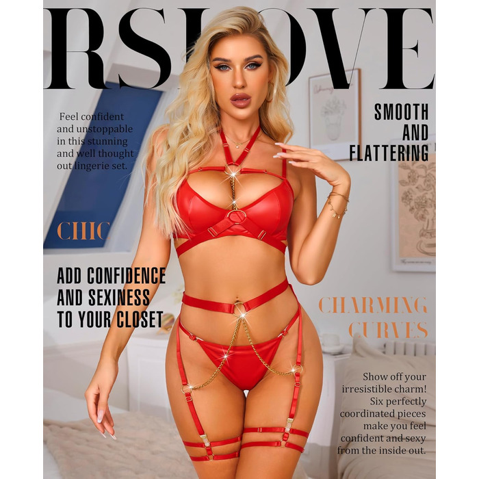 Комплект жіночої білизни RLOVE: бюстгальтер, труси, 6 шт., чорний (L, Живий червоний)