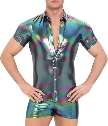 Чоловічий боді Landofgenie з металевим блиском, короткі рукави, комбінезон на бретелях (чорний, L)