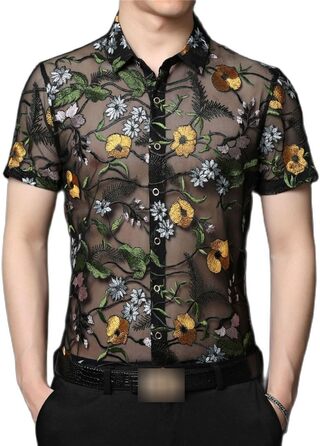 Чоловіча сорочка Yeuyyben з квітковою вишивкою, прозора, літня, з короткими рукавами, для вечірок, клубів, випускних, чорна