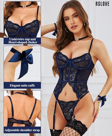 RSLOVE Комплект сексуальної білизни з мережива для жінок - 4-частинний комплект: бюстгальтер з кісточками, стрінги, мереживний халат та ремінець. Білий (L, Морський блакитний)