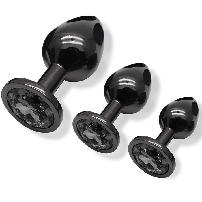 Набір анальних пробок 3 шт. з металу (Gunmetal) - велика, середня, мала. Підходить для початківців, жінок, чоловіків та пар. Чорний колір. Секс-іграшка.