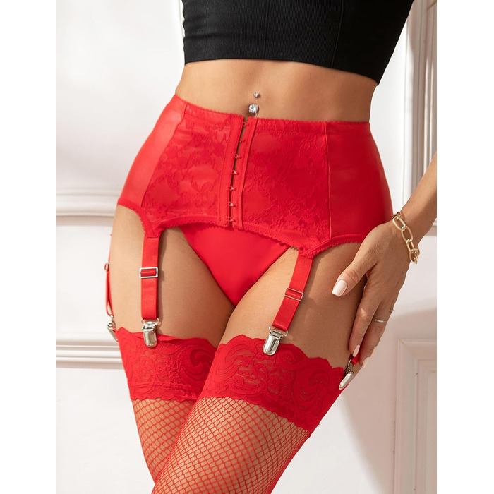 Комплект стрінги та стрінг-гуртки для жінок ComeOnDear: мереживні стрінги з 6 кліпсами, великі розміри, червоний (M)