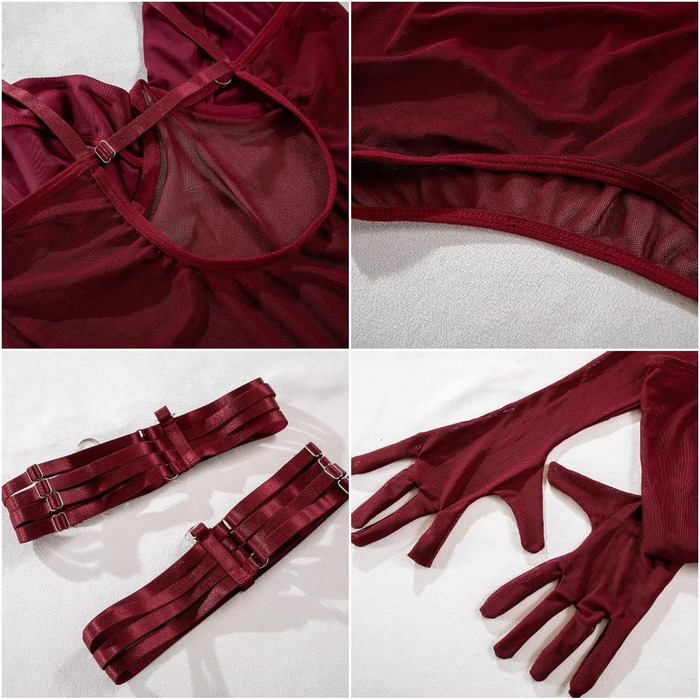 Боді-комбінезон SINROYEE мереживний, шкіряний, з бретельками, червоний (L)