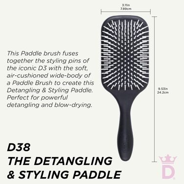 Масажна щітка для волосся Denman D38 Paddle Brush для розплутування та стайлінгу вологого і сухого волосся (будь-який тип: кучеряве, пряме, густе), чорна