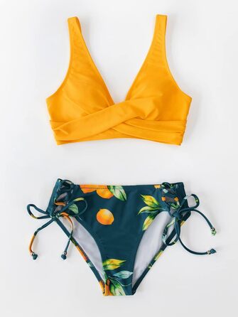 CUPSHE Bikini Set: Розкішний двочастинний купальник з квітковим принтом, низька посадка, шнурівка, лимонний колір