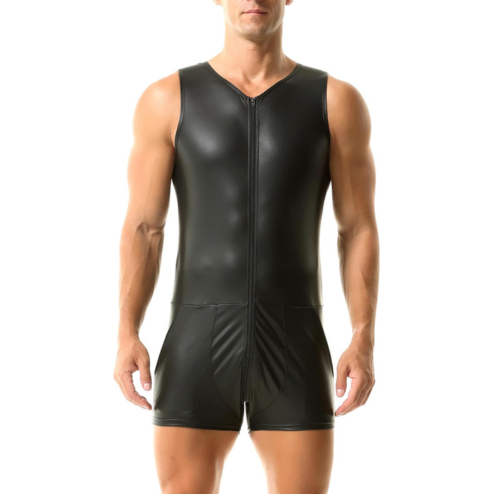 Чоловічі шорти без рукавів QiaTi з блискавкою, з екошкіри, боді з двома кишенями для повсякденного носіння та клубів (3XL, чорний)