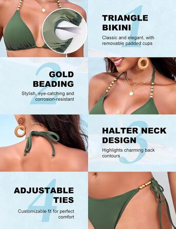Бікіні Triangel Daen з золотими перлами, топ-халтер з підтримкою та трусики-стрінг на зав'язки (ХAKI, XL)