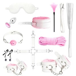 Набір для БДСМ зв'язування: пов'язка на очі, бандаж, наручники, анальний плаг, клямки для сосків, бавовняне трос, петарди, для пар (рожевий та білий)