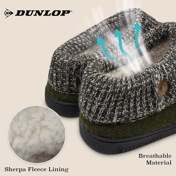 Чоловічі домашні капці DUNLOP з підкладкою з шерпа-флісу та піною з ефектом пам'яті Memory Foam, протиковзкі, колір хакі, розмір 43 EU