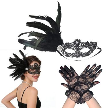 Маска та рукавички для жінок, венеціанський карнавал, чорний колір, для маскараду та костюмованих вечірок
