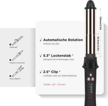 Автоматичний плойка-стайлер для волосся PARWIN PRO BEAUTY 32мм, ротаційний завивач з нано-титановим покриттям та LCD-дисплеєм, 120-210°C