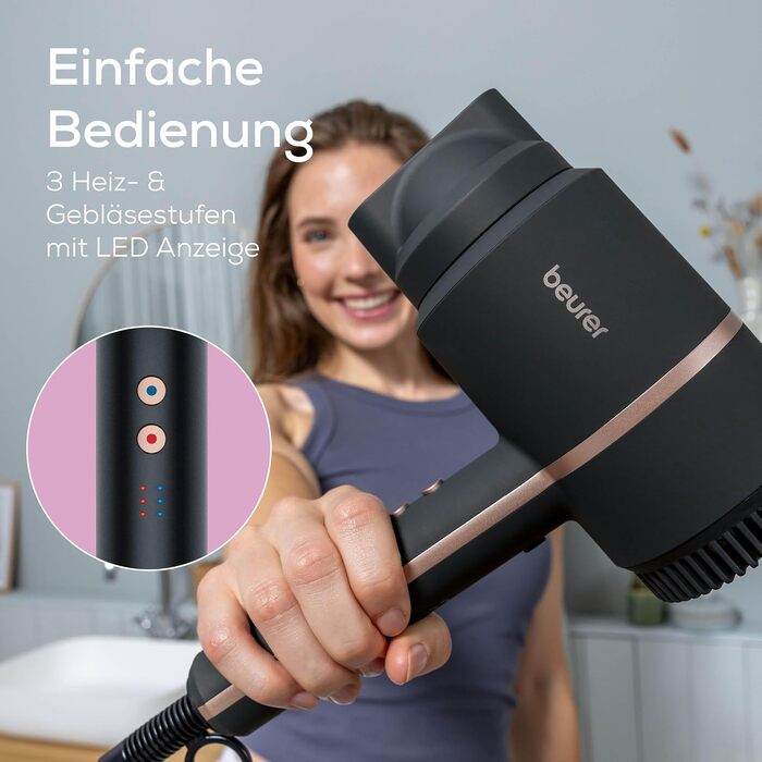 Фен для волосся Beurer HC 35 з іонізацією, 1600-2000 Вт, з LED-дисплеєм та насадкою для стайлінгу, чорний