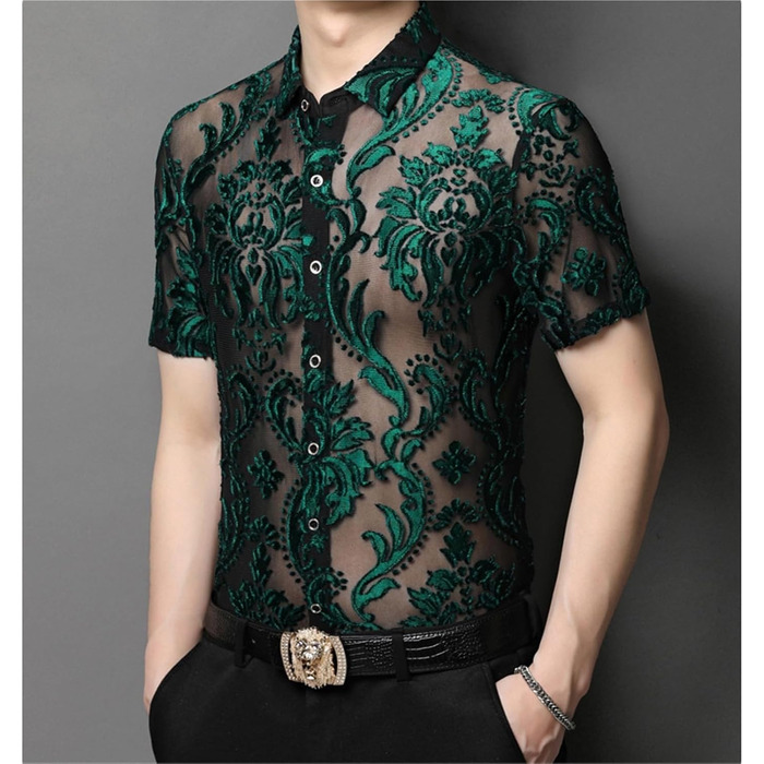 Чоловіча сорочка AWMew, мереживо, сітка, коротка, клубний стиль, з відкритим декором (зелена, XXL)
