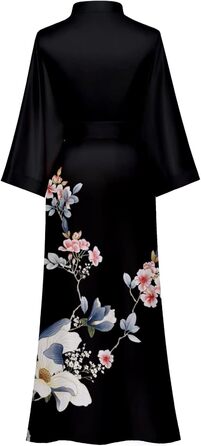 Жіночий шовковий халат-кімоно Moreone з квітковим принтом, довгий, атласний, для нареченої та дружок, нічна сорочка (Чорний, 6)