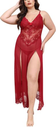 Ідеальна нічна сорочка IBAKOM Dessous з мереживом, V-подібний виріз, нічна сорочка-бабідол з розрізом, великі розміри (червоний, XXL)