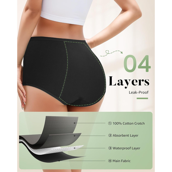 Труси для менструації TANSTC з бавовни, 3 шт. (Чорний, 3XL) - для сильної кровотечі, висока талія