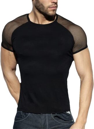 Чоловіча футболка з сіткою та патчами в стилі стрітвір, коротка, повсякденна, сексуальна, дихаюча футболка