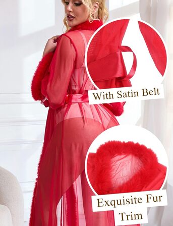 Халат Ohyeahlady з пір'я: сексуальний кімоно для жінок, довгий, прозорий, з мереживом, червоний (XL-XXL)
