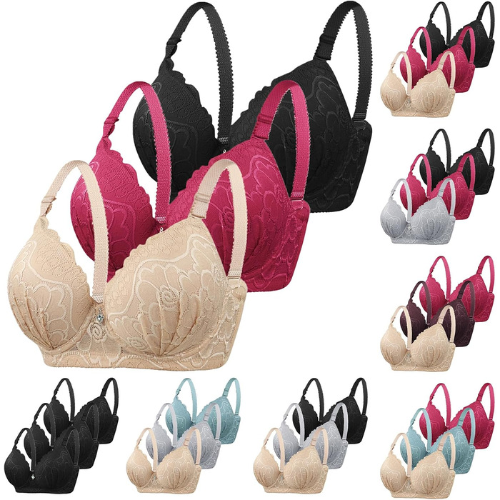 3 шт. бюстгальтерів CXCX для жінок з пуш-ап, кісточками, мереживом, регульованими бретелями, підтримка великих грудей, класичний комплект бюстгальтерів, зручна білизна, чорний, 105C