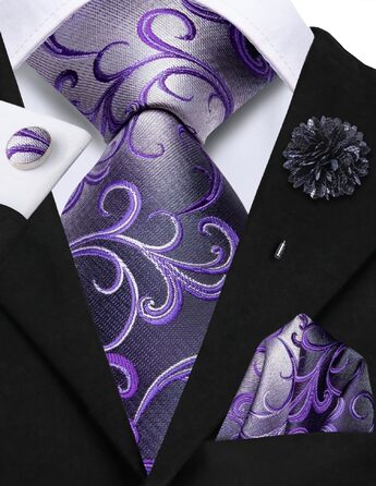 Чоловічий набір Hi-Tie: краватка, кишенькова хустка та запонки (сірий, сріблястий, лавандовий) для весілля та бізнесу