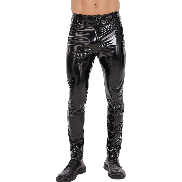 Латексні штани чоловічі Ausing, довгі, з штучної шкіри, слім-фіт, байкерські з кишенями, еластичні, для рейву, костюми, клубний одяг, чорні, розмір M