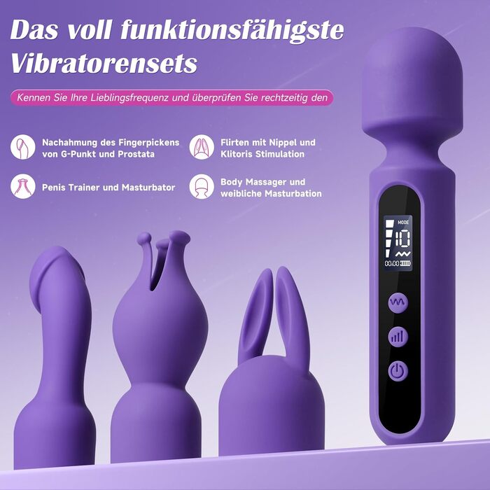 Набір вібраторів для жінок: масажний стрижень з 3 насадками, LCD-дисплей. Вібратори для дорослих: стимулятори G-точки, ануса та пеніса. 10 режимів, для чоловіків та жінок