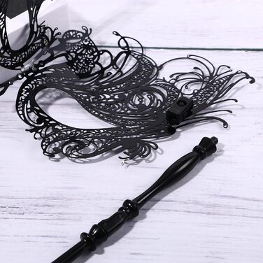 Венеціанська маска JewelryWe з держальником для жінок, металева маска з кристалами для маскараду, аксесуар до костюма для Хелловіну, карнавалу, вечірки, маскараду (чорна)