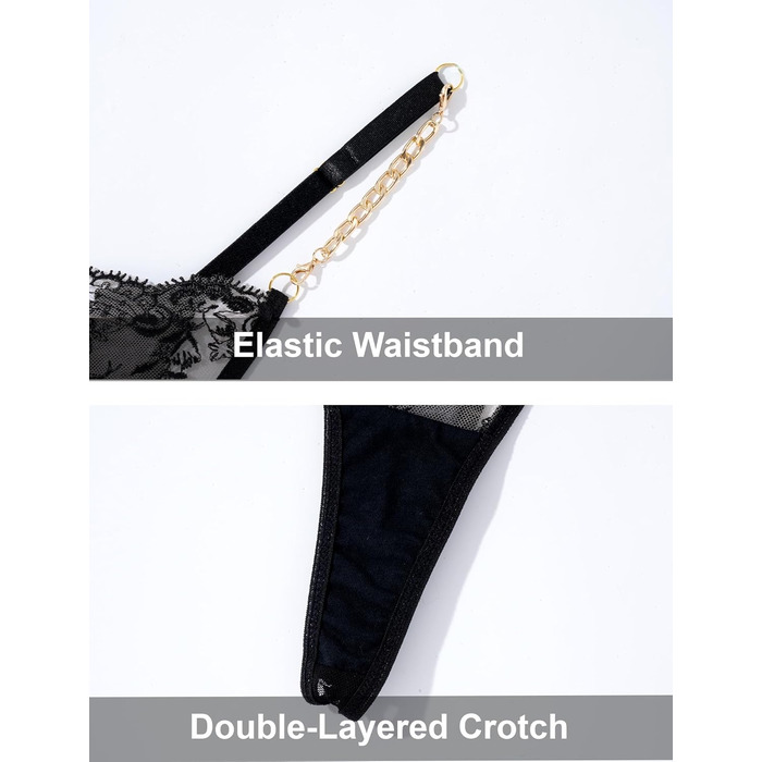 FEOYA Комплект бюстгальтера та трусиків push-up з мереживом та вишивкою, чорний, XL