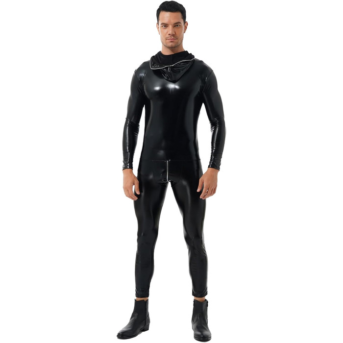 Чоловічий комбінезон з лакованої шкіри з довгим рукавом, чорний. Костюм-комбінезон Freebily для вечірок, клубів, еротичної білизни. Розмір XL