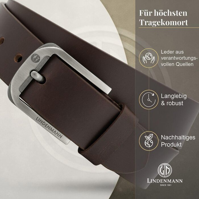Шкіряний ремінь чоловічий LINDENMANN, коричневий, натуральна шкіра (Full Grain), ширина 33 мм, довжина 130 см (розмір XXL), для джинсів та повсякденного стилю