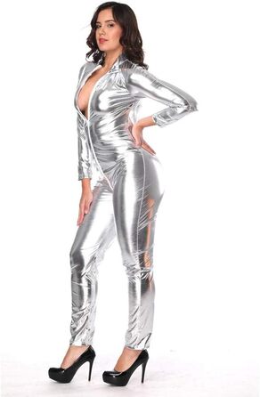 Жіноча піжама/костюм з латексу, catsuit, костюм кота з блискавкою, жіноча клубна одяг (сріблястий, 3XL)