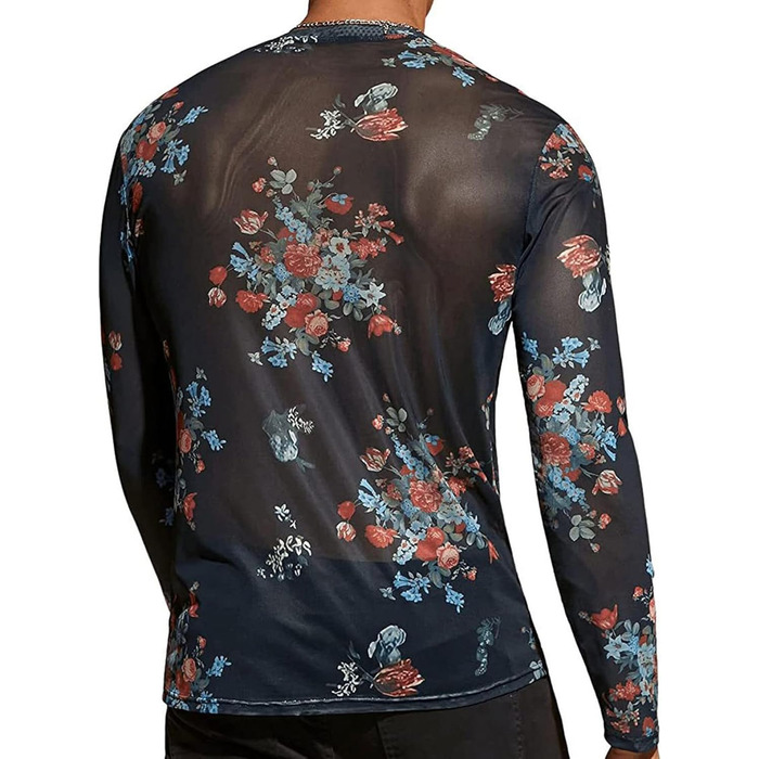 Чоловіча сітчаста футболка AIEOE з блискітками та глітером, прозора, мереживна, для клубного одягу, довга/коротка, з квітковим малюнком, з довгим рукавом