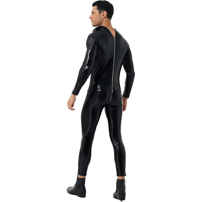 Чоловічий комбінезон з лакованої шкіри з довгим рукавом, чорний. Костюм-комбінезон Freebily для вечірок, клубів, еротичної білизни. Розмір XL