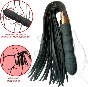 Вібратор та батіг з шкіри, флогер, 2-в-1 для еротичних ігор SM, рольових ігор та бондіджу. 10 режимів вібрації, секс-іграшки для жінок та пар