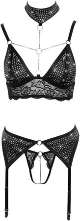 Чорний комплект спідньої білизни Orion: бюстгальтер, стрінги та стріптіз з мереживом та стріп-тримачем, розмір XL